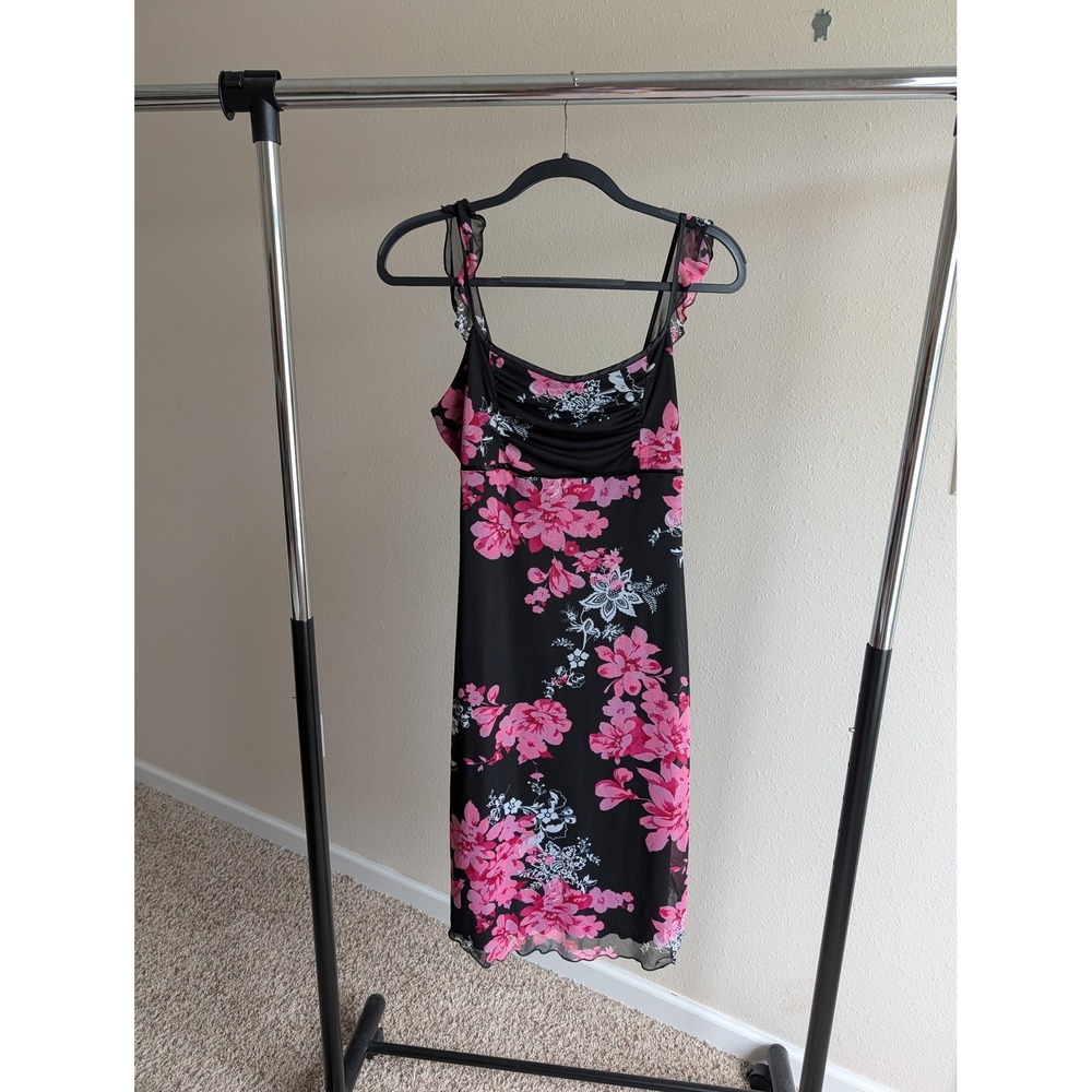Vintage Style Black Pink Floral Mesh Midi Dress Ruffle Strap Ruched Bust Womens